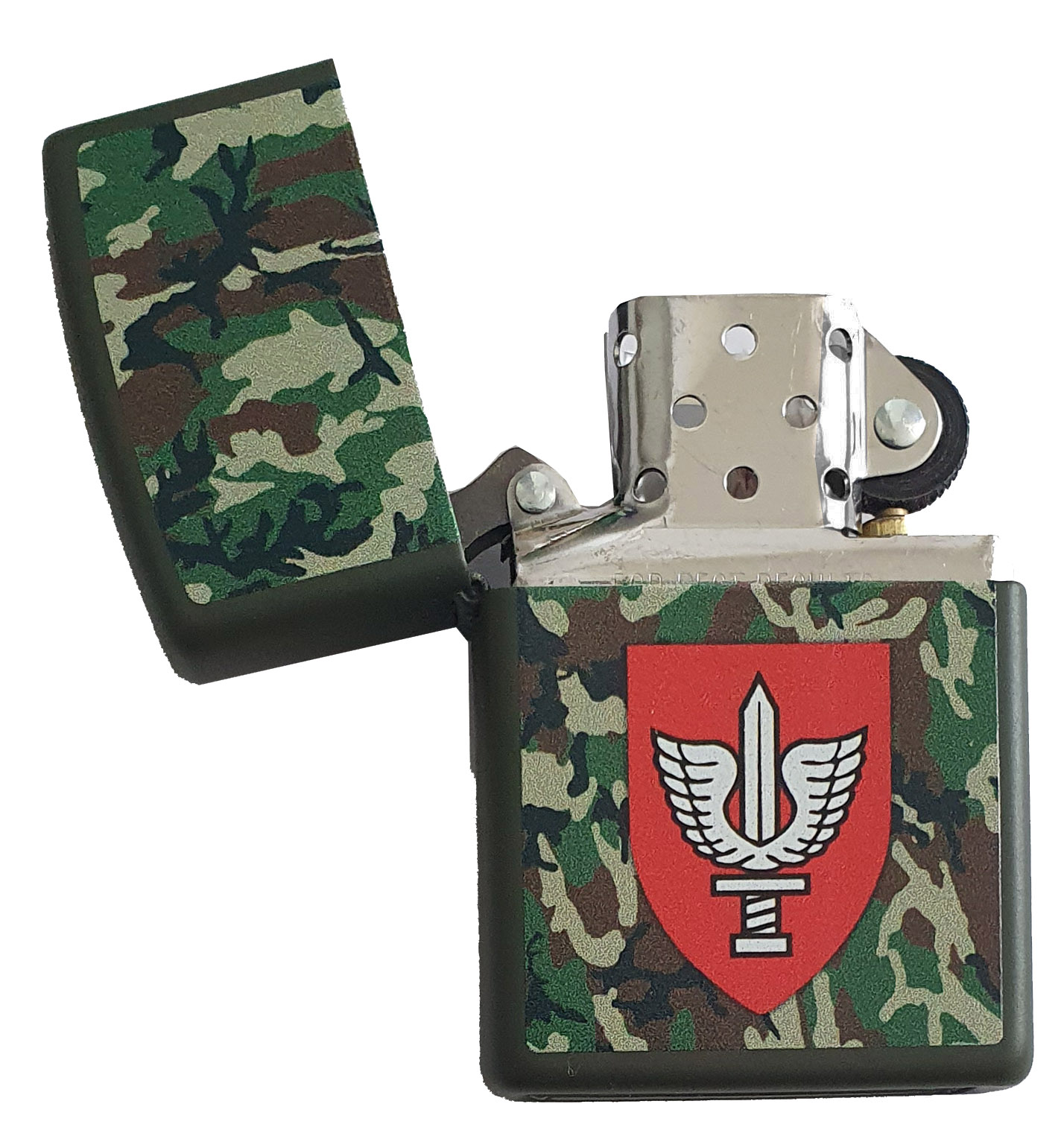 Classic Green Matte ZIPPO 221 KFIR ISRAELI FLAG Lighter with Kfir Brigade symbol emblem on a camouflage background.