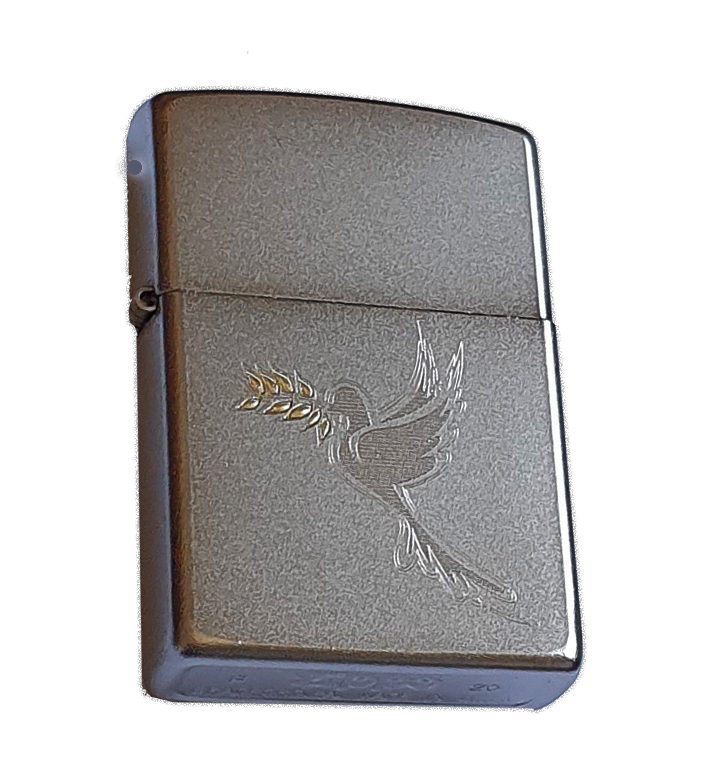 ZIPPO Lighter 205 Dove Symbal Classic Satin Chrome Pigeon Carries Golden Olive Tree Leaves Print